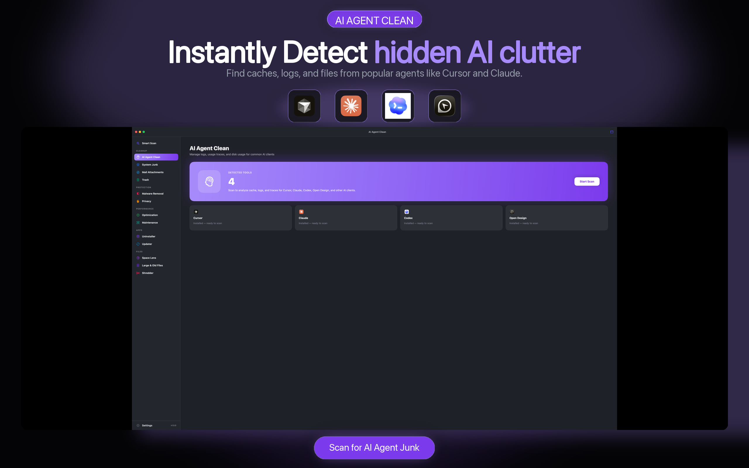 AI Agent Clean module showing Cursor Claude and Codex cache groups