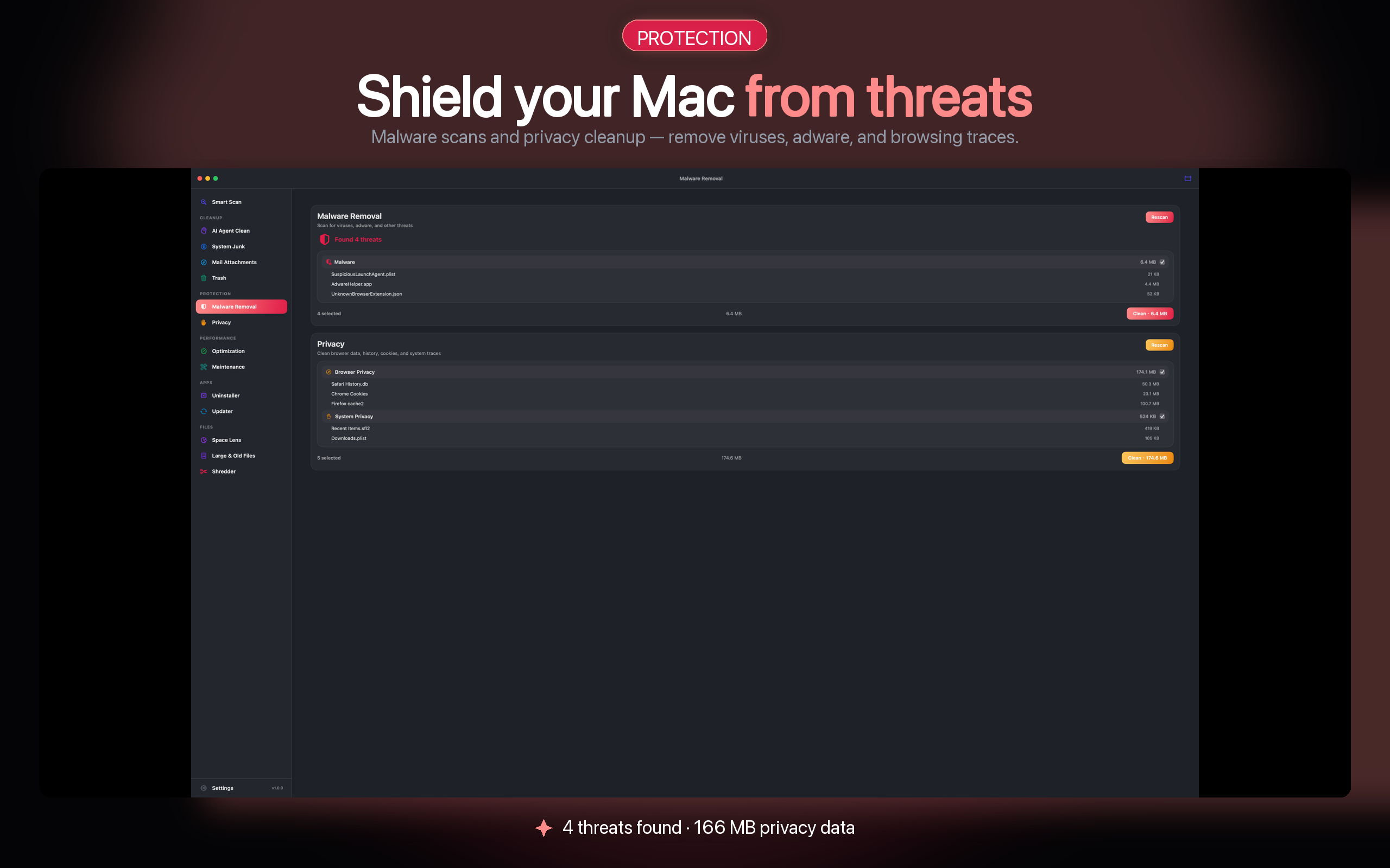 AI Agent Clean Protection module — malware and privacy scan on Mac